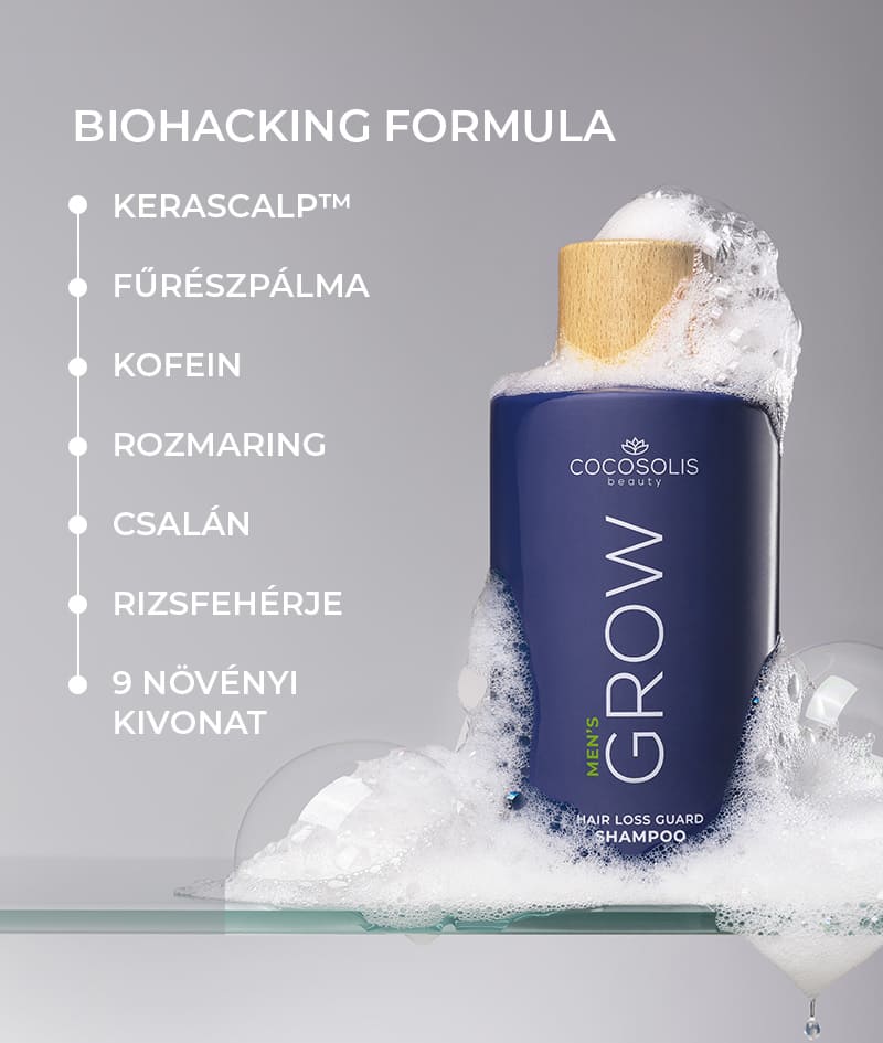 GROW Men’s Hair Loss Guard Shampoo: Férfi hajhullás elleni sampon KERASCALP™-pal és biostimulánsokkal. Célzottan a DHT hormon ellen. Serkenti a hajnövekedést. Lassítja a fejbőr biológiai öregedését.