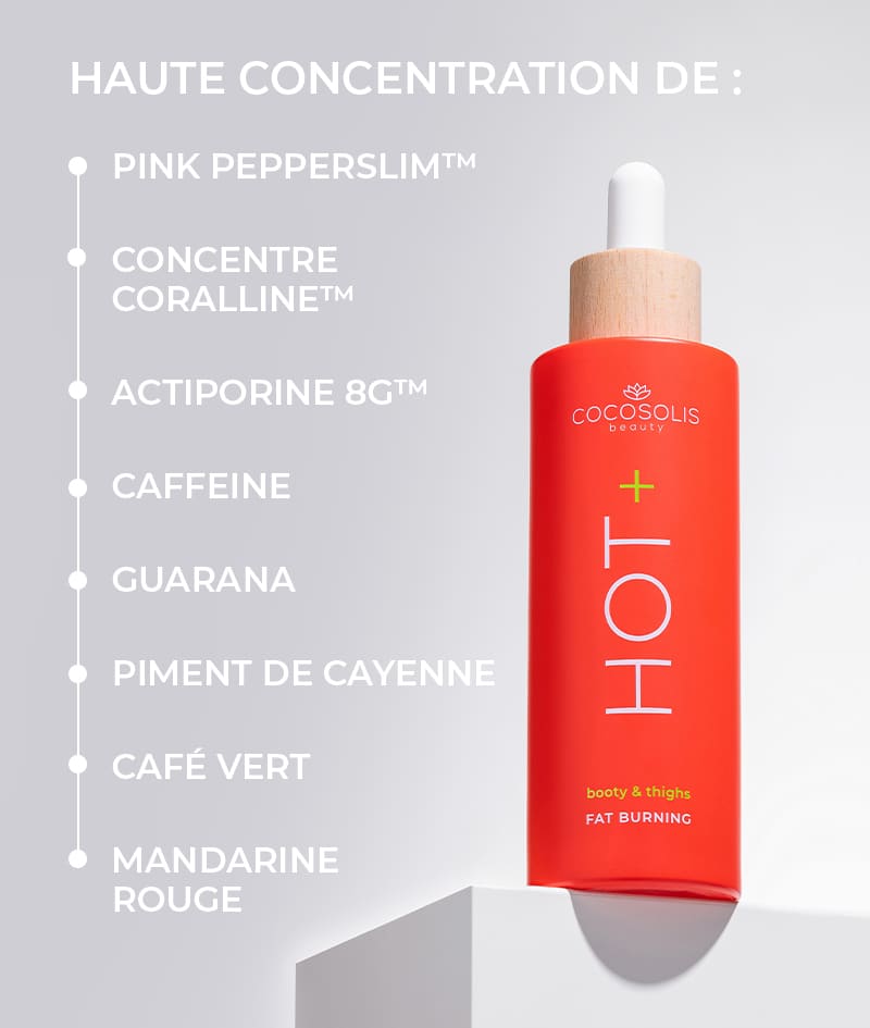 HOT+ Fat-burning Serum: Sérum amincissant thermoactif. Formule contenant des ingrédients cliniquement prouvés pour brûler les graisses, raffermir et lisser.<br><strong>Zone cible : fesses et cuisses<br>Action chauffante</strong>