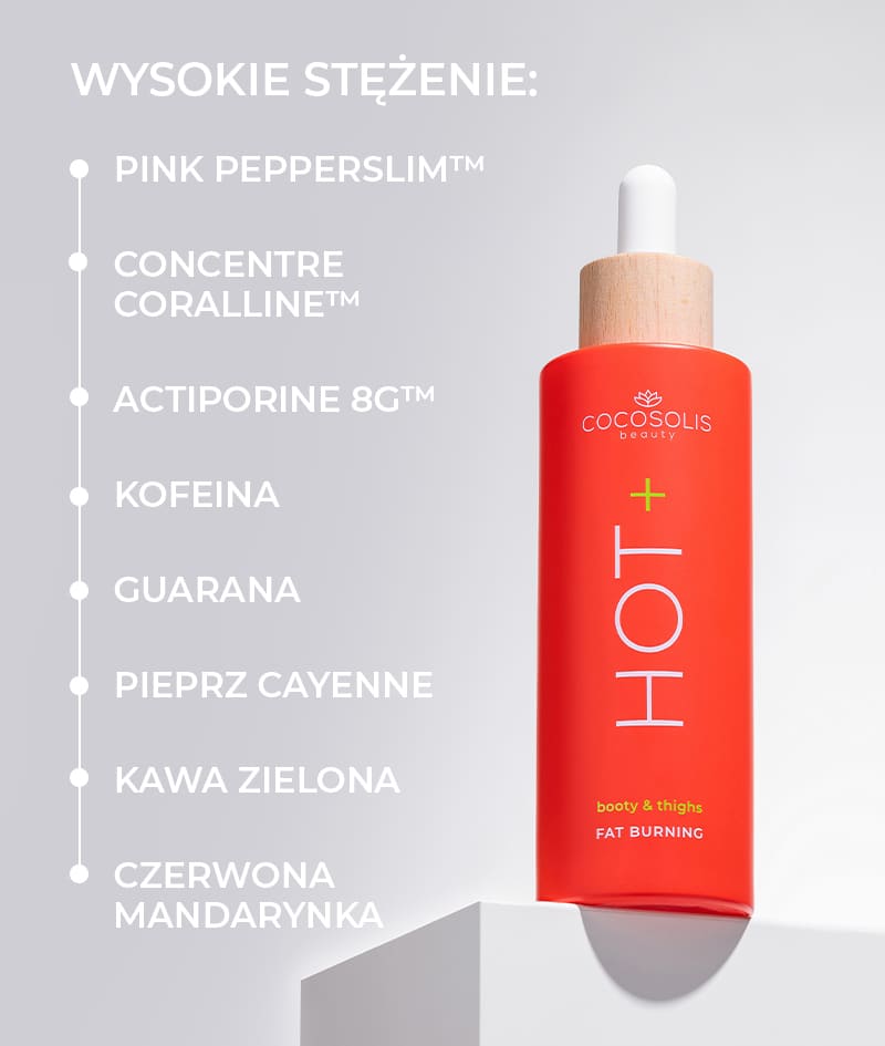 HOT+ Fat-burning Serum: Termoaktywne serum wyszczuplające. Formuła z klinicznie potwierdzonymi składnikami redukującymi tkankę tłuszczową, ujędrniającymi i wygładzającymi.<br><strong>Obszar zastosowania: pośladki i uda<br>Efekt rozgrzewający</strong>