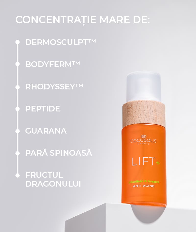 LIFT+ Anti-aging Serum: Ser-booster rejuvenator. Formulă extrem de concentrată cu efect de lifting.<br><strong>Zonă: gât, decolteu și bust</strong>