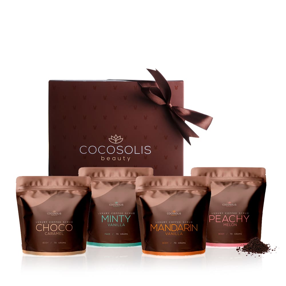 Luxury Coffee Scrub Box: Luxurious box with 4 natural, organic scrubs- 3 different scrubs for your body and 1 for your face