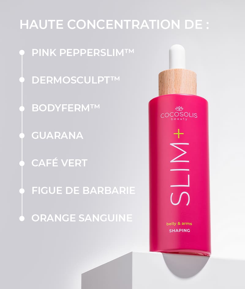 SLIM+ Shaping Serum: Sérum concentré remodelant. Action ciblée contre les graisses, le relâchement cutané et les vergetures. Réduit les mensurations.<br><strong>Zone cible : ventre et bras</strong>