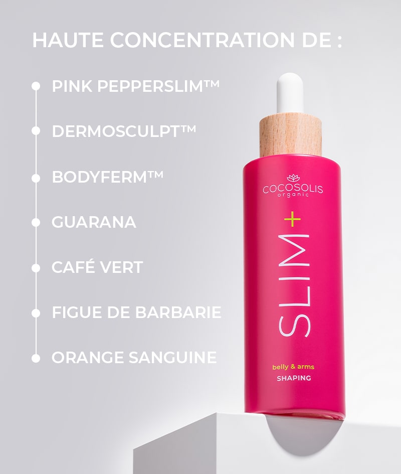 SLIM+ Shaping Serum: Sérum concentré remodelant. Action ciblée contre les graisses, le relâchement cutané et les vergetures. Réduit les mensurations.<br><strong>Zone cible : ventre et bras</strong>
