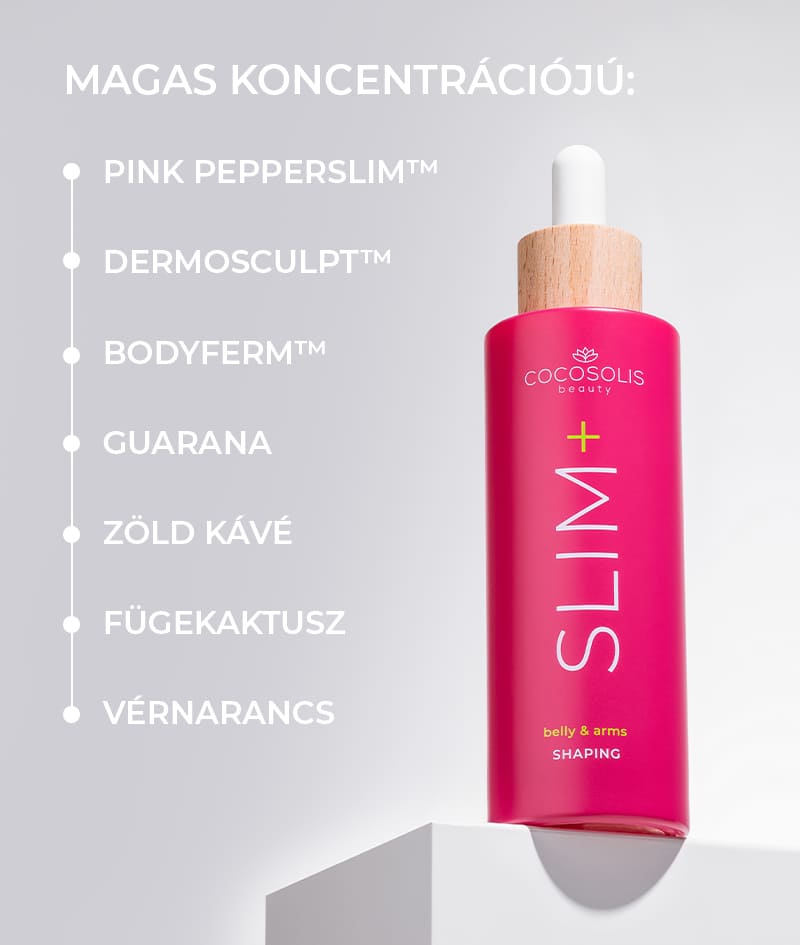 SLIM+ Shaping Serum: Alakformáló szérumkoncentrátum. Célzott hatás a zsír, a megereszkedett bőr és a striák ellen. Csökkenti a kerületet.<br><strong>Terület: has és karok</strong>