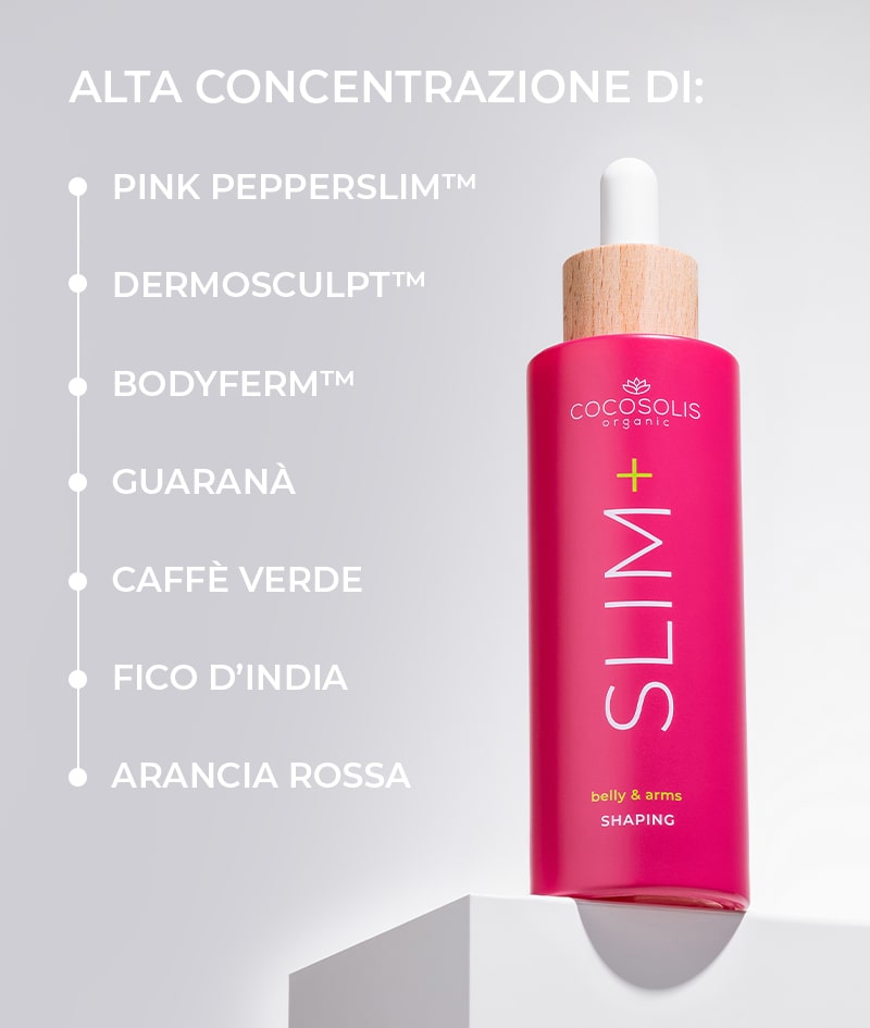SLIM+ Shaping Serum: Siero concentrato rimodellante. Azione mirata contro grasso, rilassamento cutaneo e smagliature. Riduce la circonferenza.<br><strong>Area target: pancia e braccia</strong>