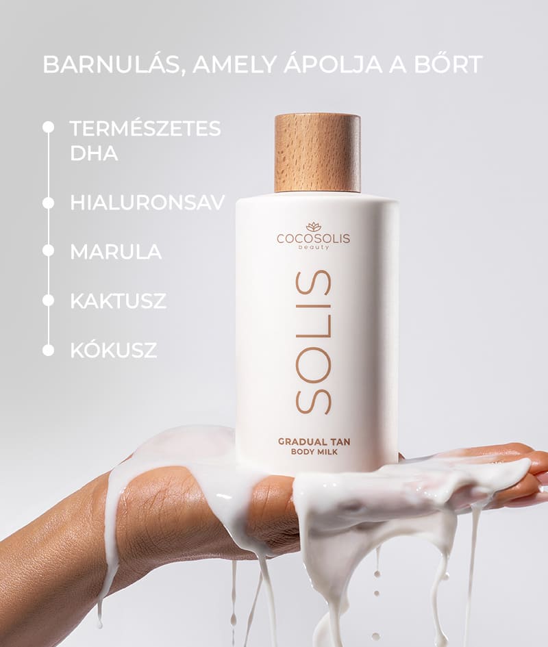 SOLIS Gradual Tan Body Milk: Önbarnító testápoló tej. Mindennapi hidratálásért és fokozatosan felépülő bronzos barnulásért. Könnyű, gyorsan felszívódó textúra.